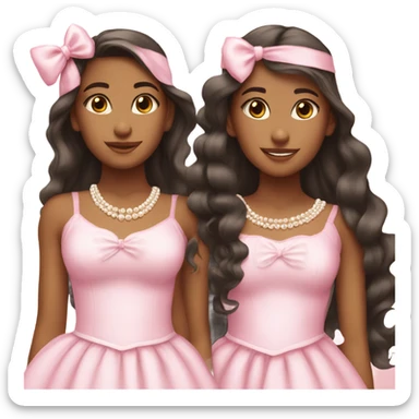 two teenage Latina twins. pink. Long hair. Pink bows. Pearls. Light pink. Diamonds dress. sticker