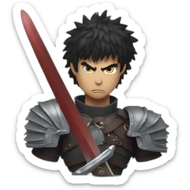 angry berserk guts carrying a huge sword on his shoulder framed on his bust sticker