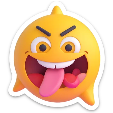 Make the expression even wilder with eyes looking in different directions, huge open mouth, tongue out, chaotic and silly, front facing, transparent background in 3D emoji style. sticker