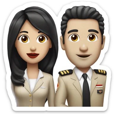 Flight attendant with long black hair, red lips and white skin with a pilot man with beige skin and black hair sticker