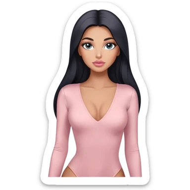 Glamours, tanned, very beautiful girl, with big pump peach-beige-rose lips, long long lashes, black straight smooth silky long hair, straight parting hair, blue-grey eyes in light pink long-sleeves v-neck bodysuit sticker