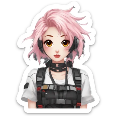 Gorgeous pastel techwear anime style lady with blushing face aesthetic and pretty edgy black red white punk messy hair with collar and harness trending style sticker