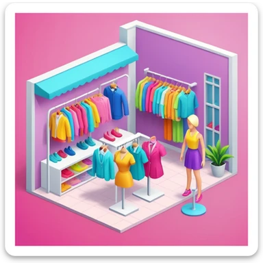 isometric clothing boutique shop with mannequins and colorful clothes sticker