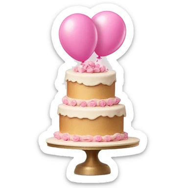 3 tier cake with bows and vintage frosting design  with pink balloons floating in background  sticker