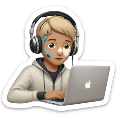 laptop ile çalışan kulaklık tana biri, bilgisayar logosuz olsun sticker