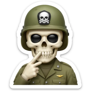 A bold emoji-style bodyless white skull wearing a realistic modern army helmet, making a shushing gesture (index finger bone held up to mouth area). Clean vector style,modern emoji aesthetic.The helmet has detailed realistic texture. sticker