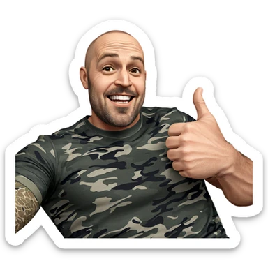 smiling muscular male in camouflage sticker