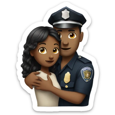 Black hair Woman with fringe hugging to a police officer sticker