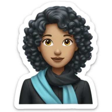 woman with elegant black suit and light blue scarf, long curly hair sticker