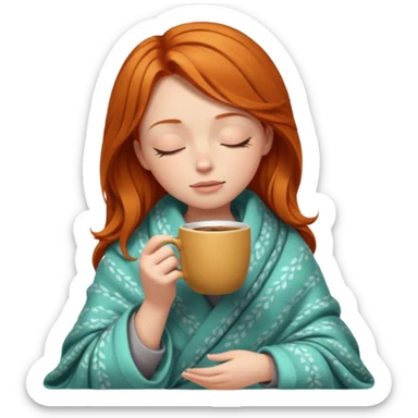 girl with ginger hair inside a blanket sipping coffee eyes closed sticker