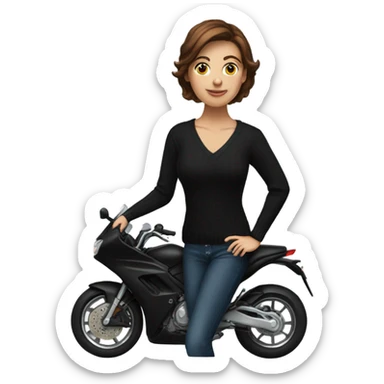 Beautiful woman with short brown hair in black V-neck sweater sitting on motorcycle sticker