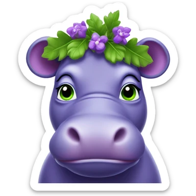 A purple hippo with green eyes and a laurel wreath sticker