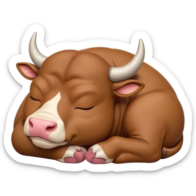meme-worthy-cute-sleeping-domestic-bull-portrait-emoji,-head-resting-peacefully-with-a-contented-smile,-showcasing-a-robust,-muscular-build-and-a-luxuriously-soft-coat,-eyes-gently-closed-in-serene,-restful-slumber,-simplified,-solid-brown sticker