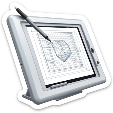 Create an emoji for 3D visualization and modeling. Show wireframe model that pops out from the screen of a large graphic tablet with a stylus drawing in a 3D modeling program. Use modern, professional colors. Do not include any emojis or smiley faces. Make the background transparent. sticker