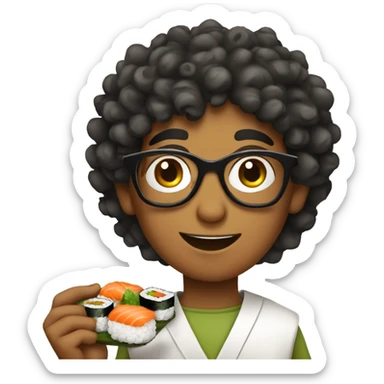 curly short haired indian boy with glasses eating sushi sticker