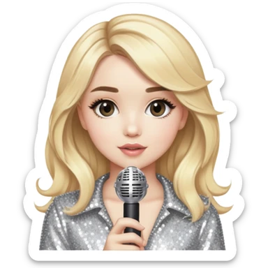 Blonde female pop star with microphone and sparkles, inspired by Sabrina Carpenter sticker