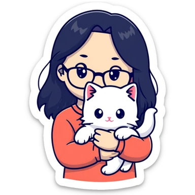 Beautiful girl with long black hair and glasses holding a white kitten sticker