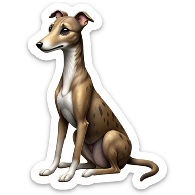 cinematic-[brindle greyhound]-realistic-full-body-sitting-emoji,-tail-resting-loosely-beside-its-paws,-head-tilted-dramatically, -sleek-[brindle]-fur,-simplified-yet-realistic-focused-features,-highly-detailed,-glowing-with-an-almost-sarcastic-glow sticker