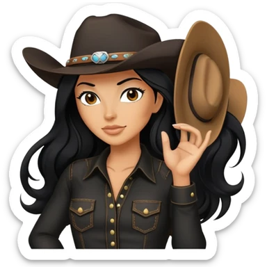 hot tanned woman with long black hair cowgirl style wearing black outfit sticker
