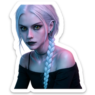 closeup portrait of young woman with gold yellow eyes, white hair in a long braid, black off-shoulder top, punk gothic style, futuristic cyberwave, sitting position sticker