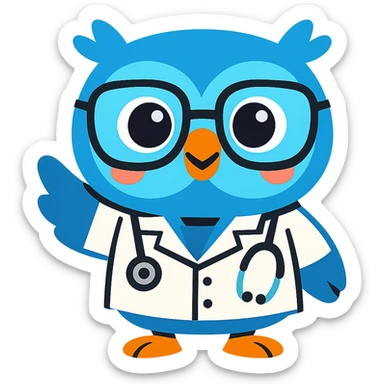 blue baby owl animated, wearing doctor uniform, vibrant and modern style sticker