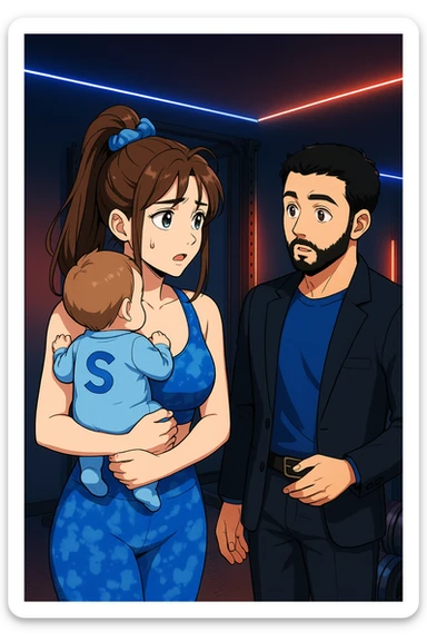 ispirati a questo stile di disegno e fai questa immagine in versione manga/webtoon a colori, il manga mostra la donna preoccupata con un neonato in braccio con una tutina azzurra e la scritta "S" sulla schiena, la donna gli sta facendo una domanda all'uomo, ma non fare i fumetti, fai come se stessero parlando sticker