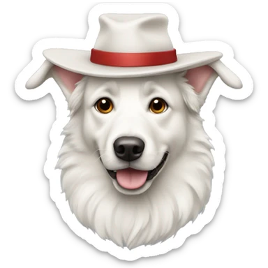 a white swiss sheperd dog with a hat sticker