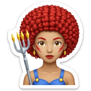 Emoji metisse femboy avec drapeau ukrainien arriere plan, un afro, sourcils rouge, fourche trident, et eclairs sticker