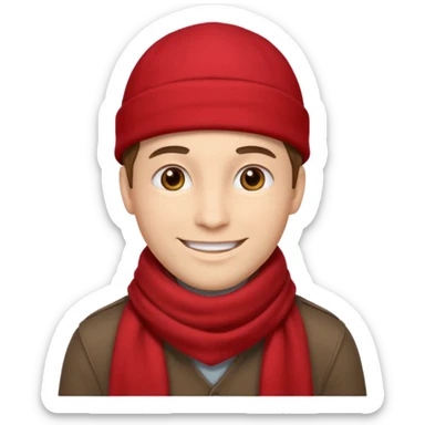 a man with red scarf, brown cap sticker