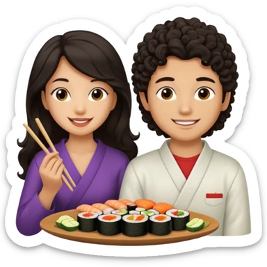 czarnowłosa ksieżniczka w dlugich wlosach je sushi z chłopakiem o czarno brązowych kręconych włosach i są zadowoleni sticker