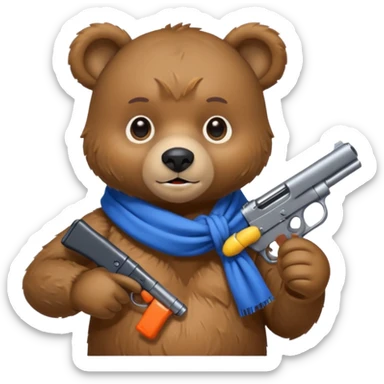 Cute bear with a blue cloth around his neck and holding a gun sticker