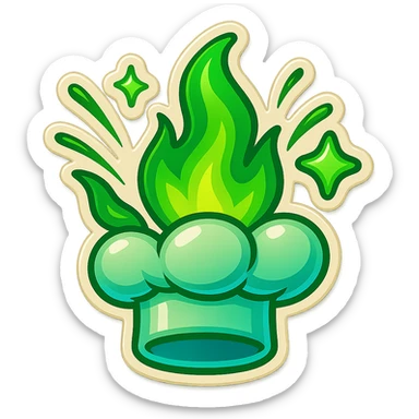chef's hat explode with trails of fires, emoji, playful, magic flame green gradient, vibrant, flame matching style reference file sticker