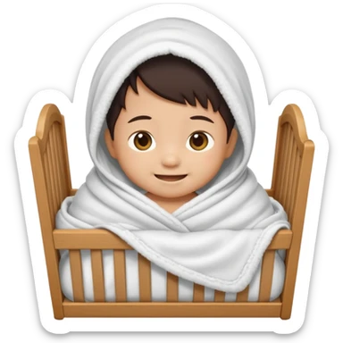 smiling Asian infant wrapped in a blanket, wooden crib, emoji style sticker