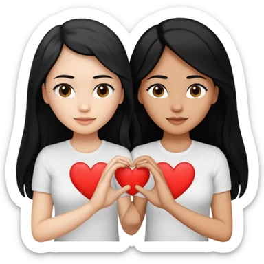 Dos mujeres juntas que una sea de color trigueña y de color blanca, cabello largo negro sea la de piel blanca y la de piel trigueña cabello castaño raya en medio, tengan polo blanco, que haga  una con su mano formando un corazon sticker