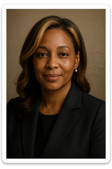 Black woman with serene and confident face, blonde hair with highlights and brunette, wearing a dark formal blazer. Warm and attentive expression with a light smile. Discreet justice symbol engraved in the background. Maternal touch: small earrings or delicate pendant. sticker