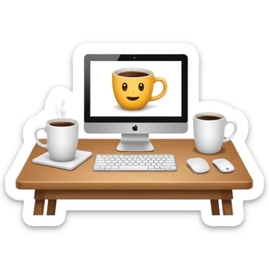Computer screen on a desk next to a single coffee mug sticker