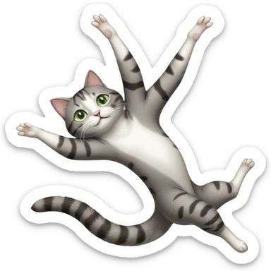 grey and white cat with green eyes doing a big extremely long stretch reaching up into the air with arms and legs side by side together straight and overextended whilst lying on its side sticker