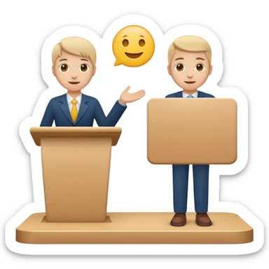 Minimal startup-style emoji icon of a person presenting behind a podium, flat vector illustration, friendly proportions, simple lines, modern SaaS pitch deck style, white background sticker