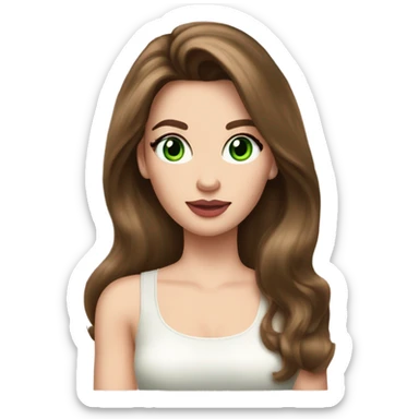 Gorgeous woman, with chestnut brown hair, her hair are a 90s voluminous very long blowout with curtain bangs, she has very green eyes and a white pale skin, she has pink lipstick on and long lashes, she wears a white tank top and  gold earrings sticker