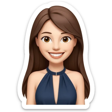 emoji-style illustration of a stylish pretty big smile woman with long straight brown hair, wearing a dark halter neck dress, elegant and chic slayed look, front-facing, soft 3D cartoon rendering, plain background sticker