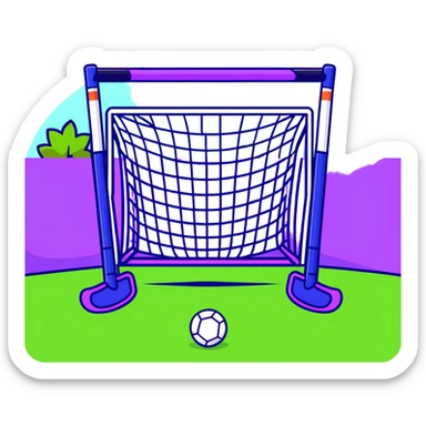field hockey stick and ball on vibrant green grass field with goalposts sticker