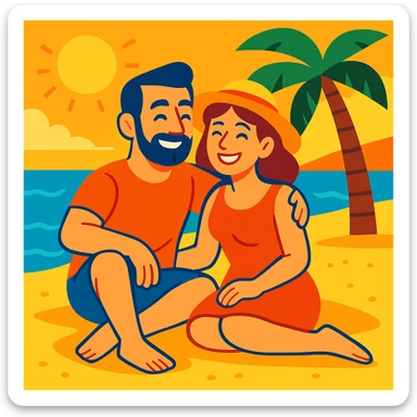 husband and wife sitting together on a sunny beach in Spain, relaxed and happy, with the sea and sand in the background, vibrant colors sticker