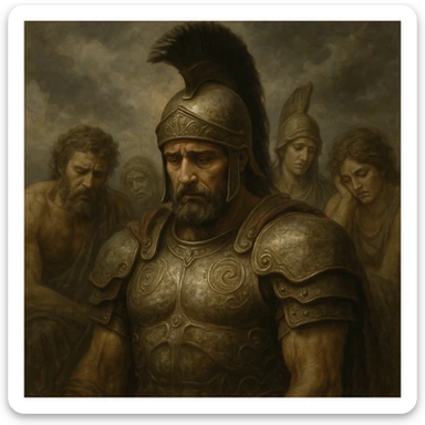 Ares, expression fatiguée des autres dieux, style semi-réaliste, armure détaillée, fond nuageux, sans texte sticker