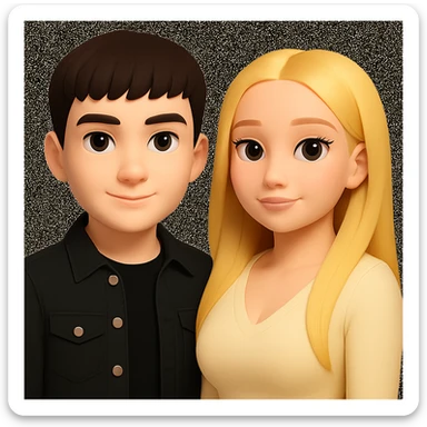 Slightly increase the volume of the upper body of the girl, slightly turn her to face forward, and make the boy's skin lighter, while preserving the cartoon style as in the original image. sticker