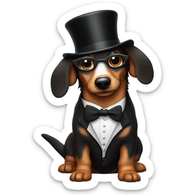 Jerry garcia with a daschund. The daschund is dressed in a tuxedo with a tophat sticker