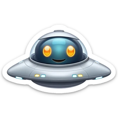 Design a simple, friendly spaceship with a smooth, rounded shape. Add a clear 'face' on the front using glowing lights for eyes and a curved line for a smile, giving it personality. Use a plain background to keep the focus on the ship sticker