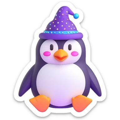 3D emoji-style penguin wizard with a purple hat and sparkles around it sticker
