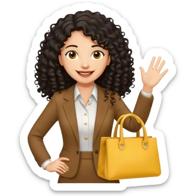 medium deep tan brown business woman with long black curly hair, waving hand with happy face with smile mouth and carrying bag on her shoulder and the other hand holding yellow stanley tumblr sticker
