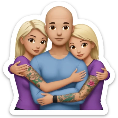 throuple tattooed sleeves bbald male with topless naked big boobed brunette and topless naked big boobed blonde girlfriends  loving  and sexy polygamy sticker