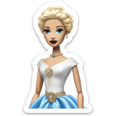 Tall realistic face teen blond Morticia Addams’s in as Princess Leia Barbie in ruffled pearl-white and blue informal ball gown with gold accents and accessories  sticker